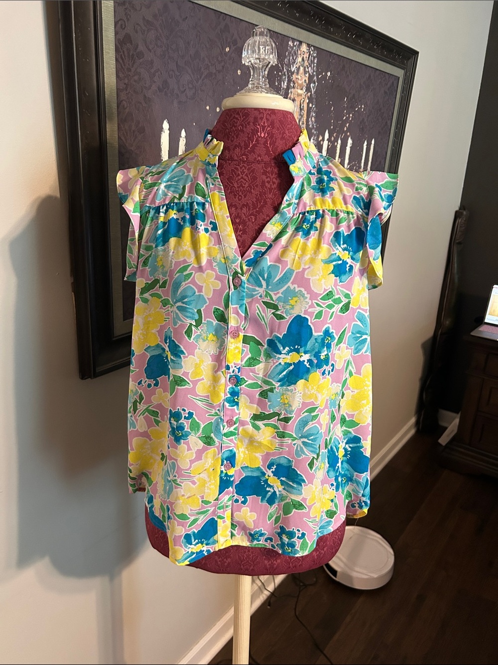 Pleione Pink Floral Ruffle Cap-Sleeve Blouse